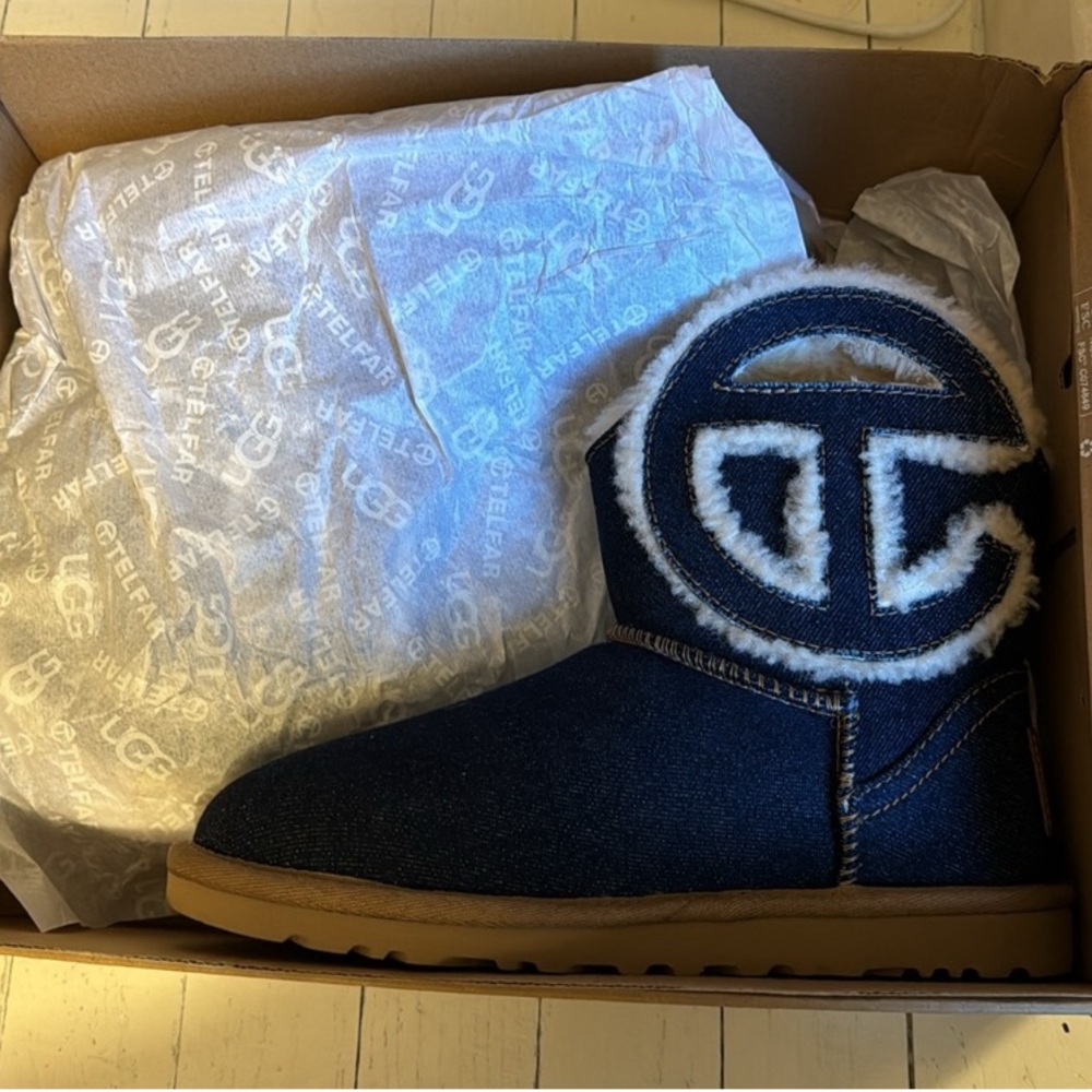 Telfar Denim Boots with Shearling Logo